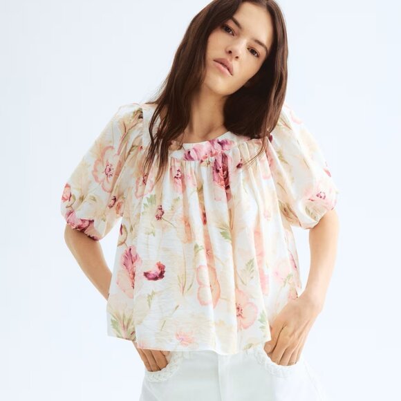 H&M Tops - H&M Floral Balloon Sleeve Square Neck Blouse Medium NWOT